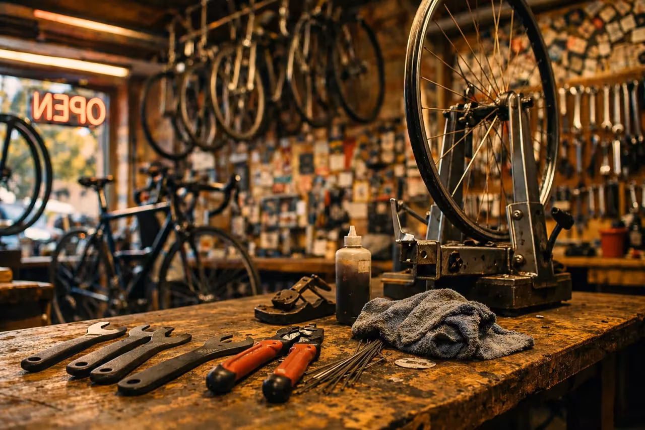 Inside a Chicago bike shop, tools on the workbench, wheel in the truing stand, bikes hanging from the ceiling